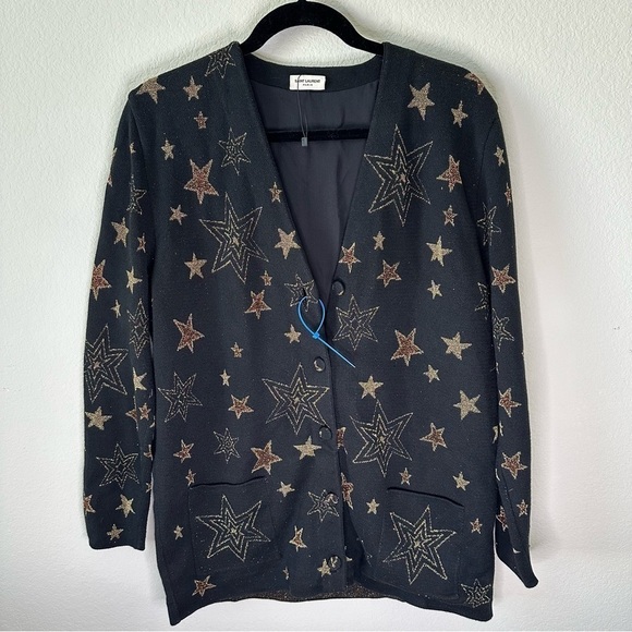 SAINT LAURENT Black Over-Sized Cardigan with Gold Star Details SZ M - Picture 2 of 9